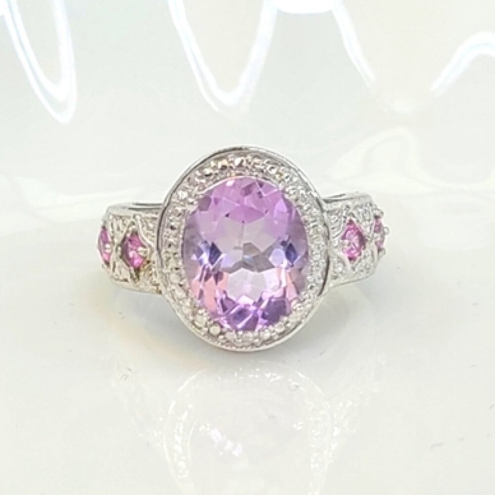 Antique Vintage Sterling Silver Pink Amethyst Crystal Oval Cocktail Ring